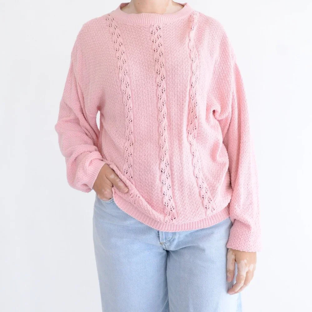 Vintage Willow Ridge Pink Cable Knit Mockneck Barbiecore Preppy Sweater L